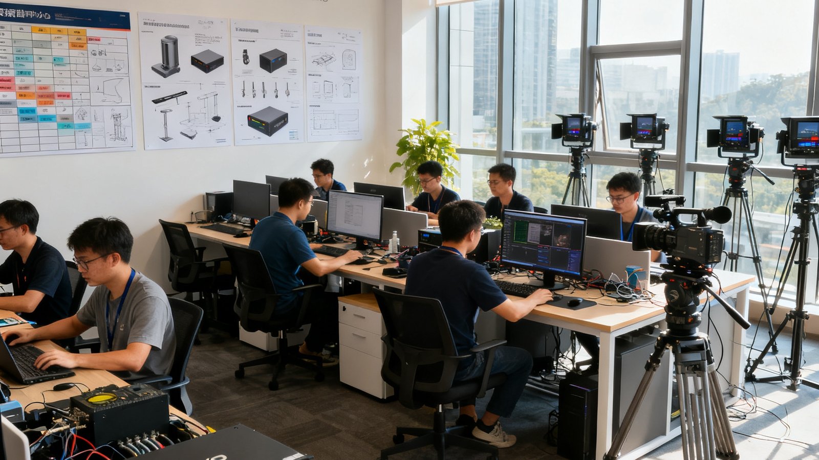 EVO视讯集团深圳研发中心开放办公区内，数十名工程师正在各自工位上专注工作，墙上贴有产品原型设计图和项目进度看板，靠窗区域摆放着多台正在测试的录播主机和摄像机设备，阳光透过落地窗照亮整个空间