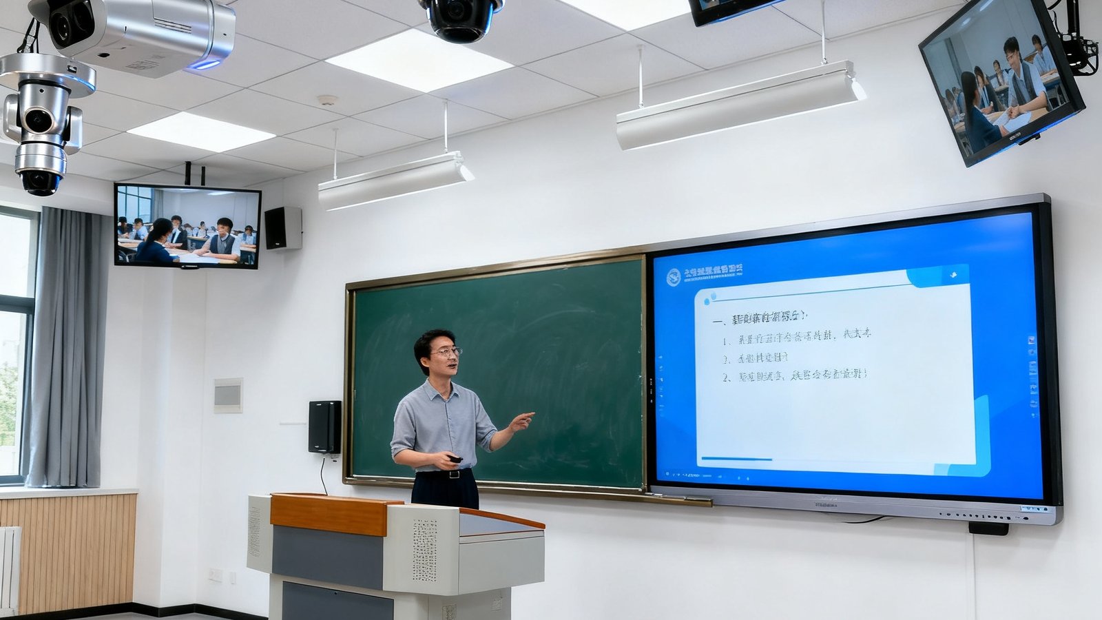 一间配备多机位自动追踪摄像系统的智慧录播教室内，教师正在讲台授课，黑板旁的电子屏幕实时显示课件内容，天花板悬挂的摄像头从不同角度捕捉师生互动画面，教室明亮整洁充满现代科技感